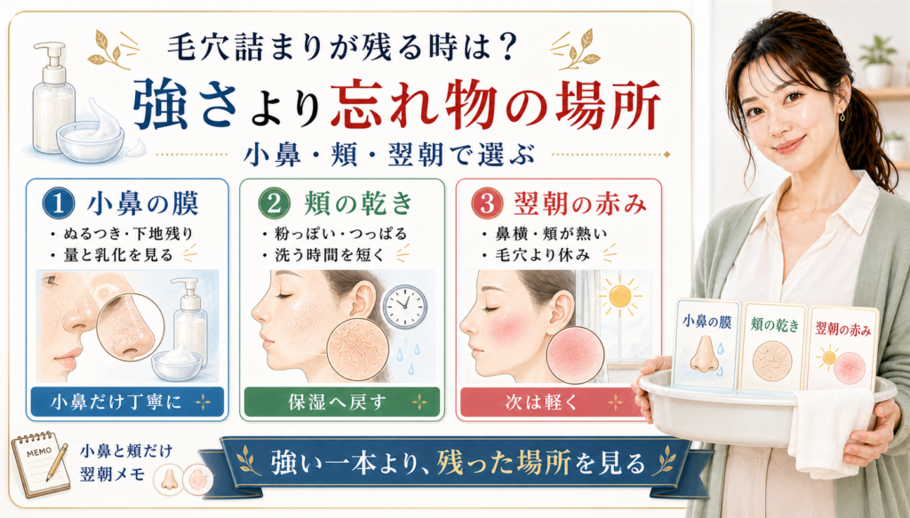 クレンジングで毛穴詰まりが残る時に小鼻の膜、頬の乾き、翌朝の赤みで分けるアイキャッチ