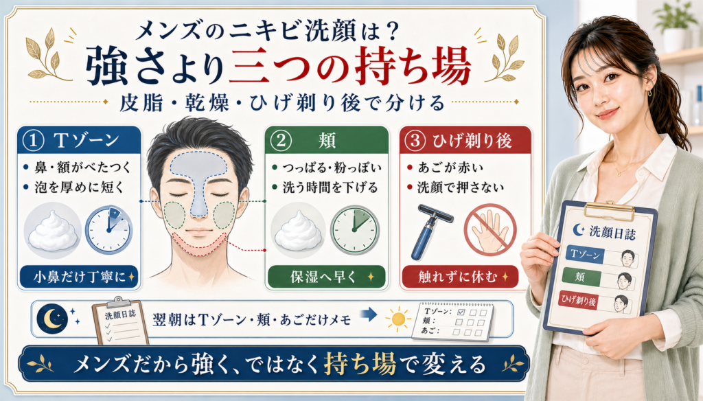 メンズのニキビ洗顔をTゾーン、頬、ひげ剃り後の三つの持ち場で分けるアイキャッチ