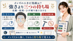 メンズのニキビ洗顔をTゾーン、頬、ひげ剃り後の三つの持ち場で分けるアイキャッチ