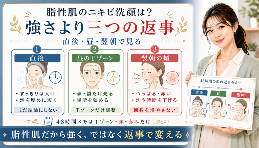 脂性肌のニキビ洗顔を直後、昼のTゾーン、翌朝の頬の三つの返事で分けるアイキャッチ