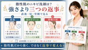 脂性肌のニキビ洗顔を直後、昼のTゾーン、翌朝の頬の三つの返事で分けるアイキャッチ