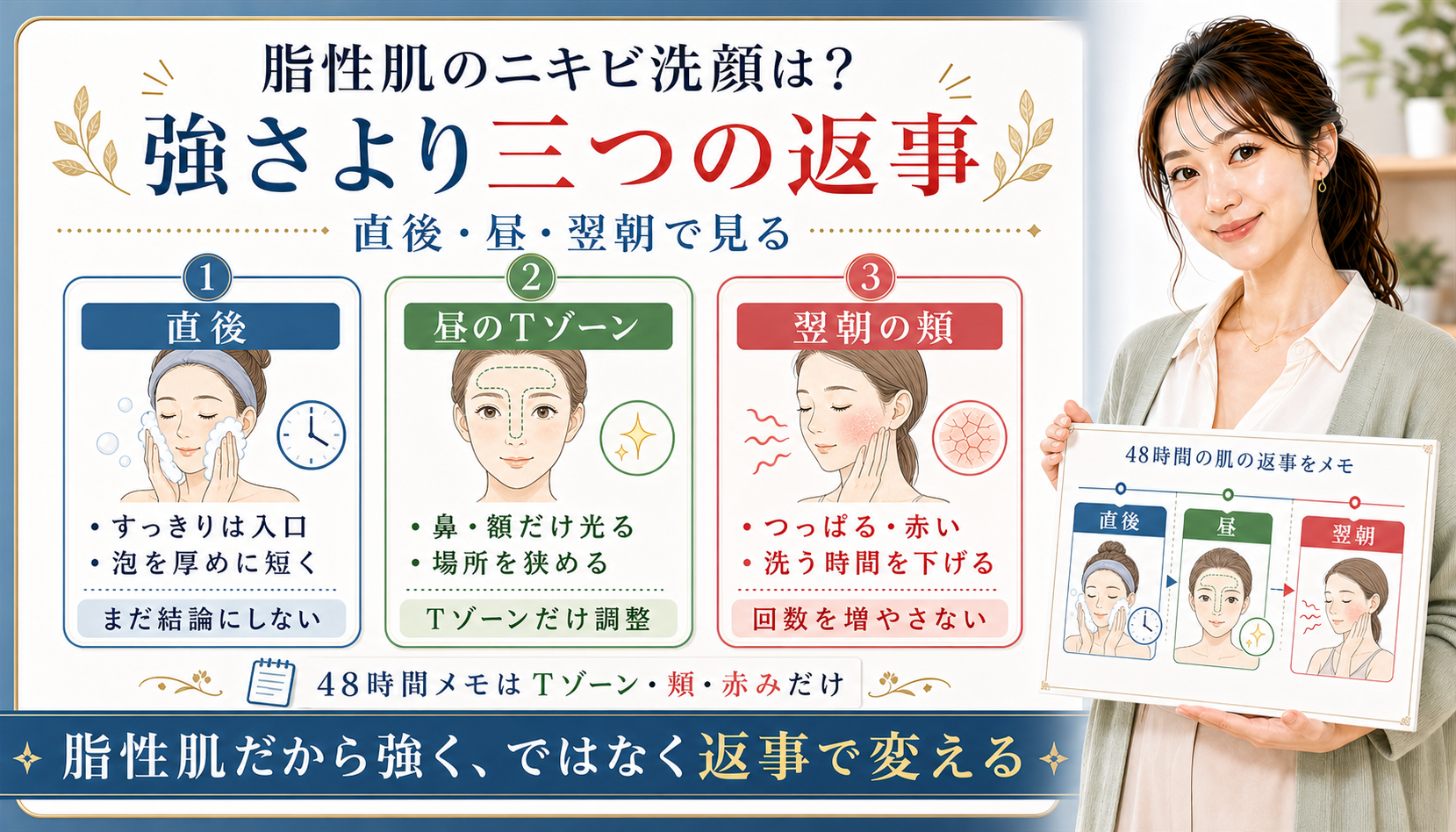 脂性肌のニキビ洗顔を直後、昼のTゾーン、翌朝の頬の三つの返事で分けるアイキャッチ