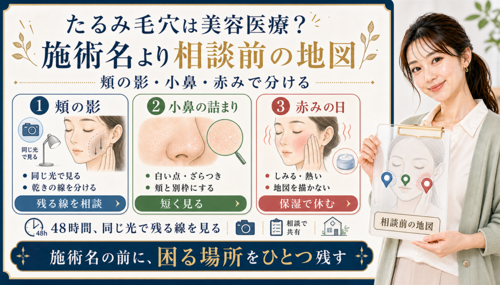 たるみ毛穴を美容医療の施術名より前に頬の影、小鼻の詰まり、赤みの日で分けるアイキャッチ