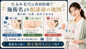たるみ毛穴を美容医療の施術名より前に頬の影、小鼻の詰まり、赤みの日で分けるアイキャッチ