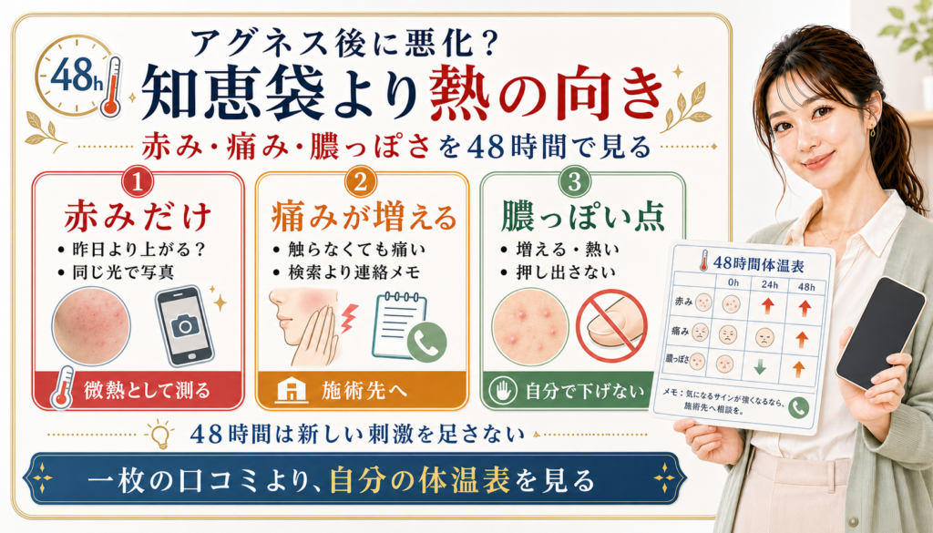 アグネス後にニキビが悪化したように見える時に赤み、痛み、膿っぽさを48時間で見るアイキャッチ