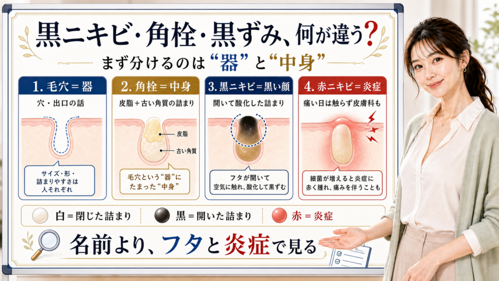 黒ニキビと角栓と黒ずみの違いを毛穴という器と角栓という中身に分け白黒赤の顔で見分けると整理したアイキャッチ