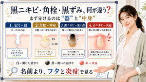 黒ニキビと角栓と黒ずみの違いを毛穴という器と角栓という中身に分け白黒赤の顔で見分けると整理したアイキャッチ