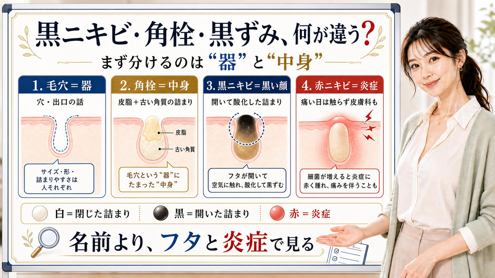 黒ニキビと角栓と黒ずみの違いを毛穴という器と角栓という中身に分け白黒赤の顔で見分けると整理したアイキャッチ
