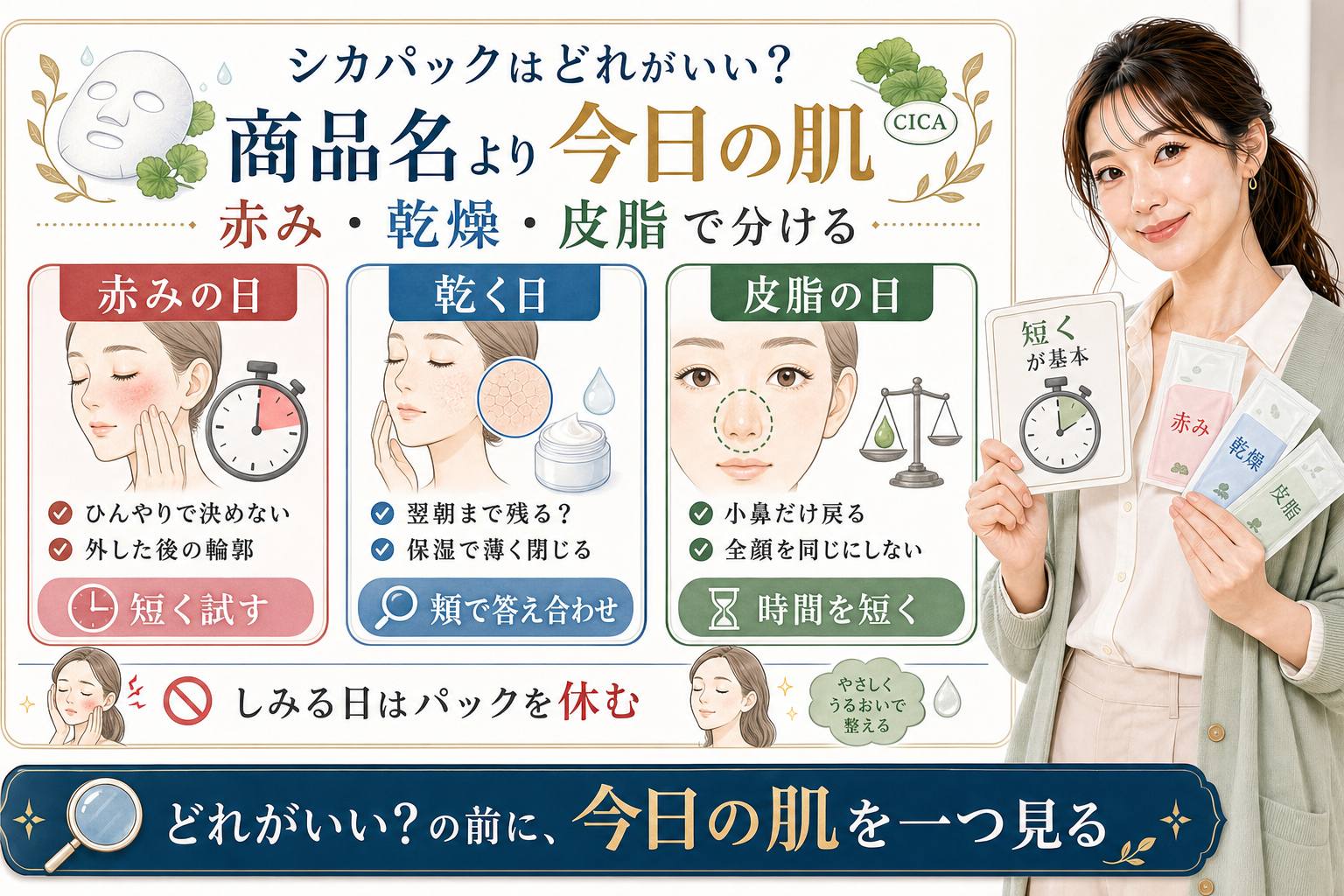 シカパックをニキビ肌の赤みの日、乾く日、皮脂の日で分けるアイキャッチ