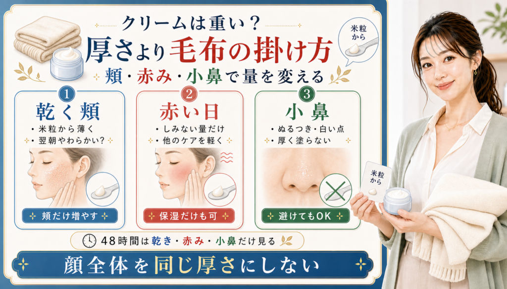 セラミド×ナイアシンアミドクリームを乾く頬、赤い日、小鼻で量を変えるアイキャッチ