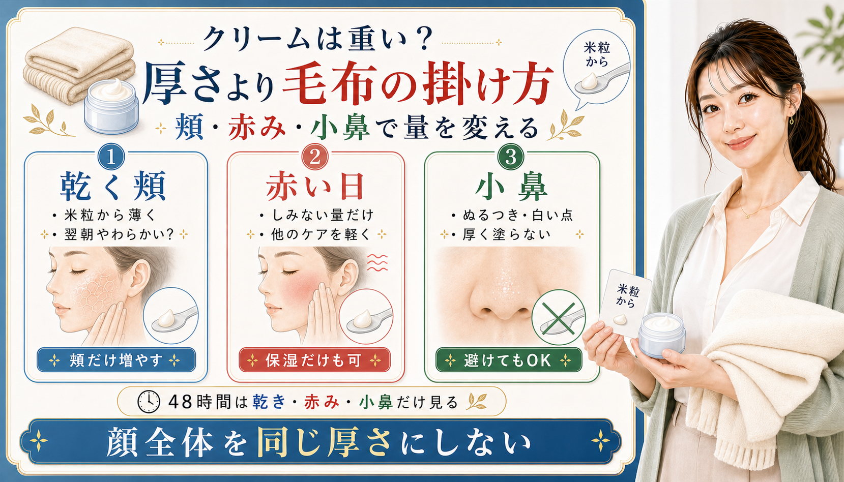 セラミド×ナイアシンアミドクリームを乾く頬、赤い日、小鼻で量を変えるアイキャッチ