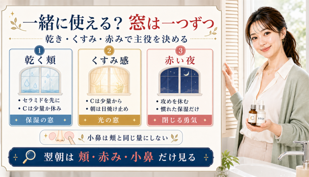 セラミドとビタミンC美容液を乾く頬、くすみ感、赤い夜で主役を分けるアイキャッチ