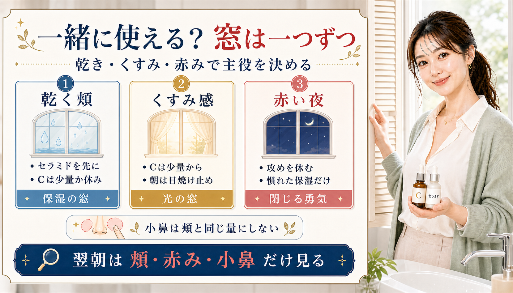 セラミドとビタミンC美容液を乾く頬、くすみ感、赤い夜で主役を分けるアイキャッチ