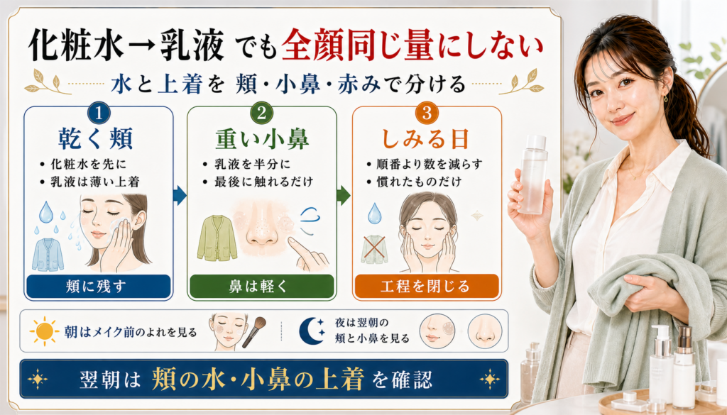 セラミド化粧水と乳液を乾く頬、重い小鼻、しみる日で分けるアイキャッチ