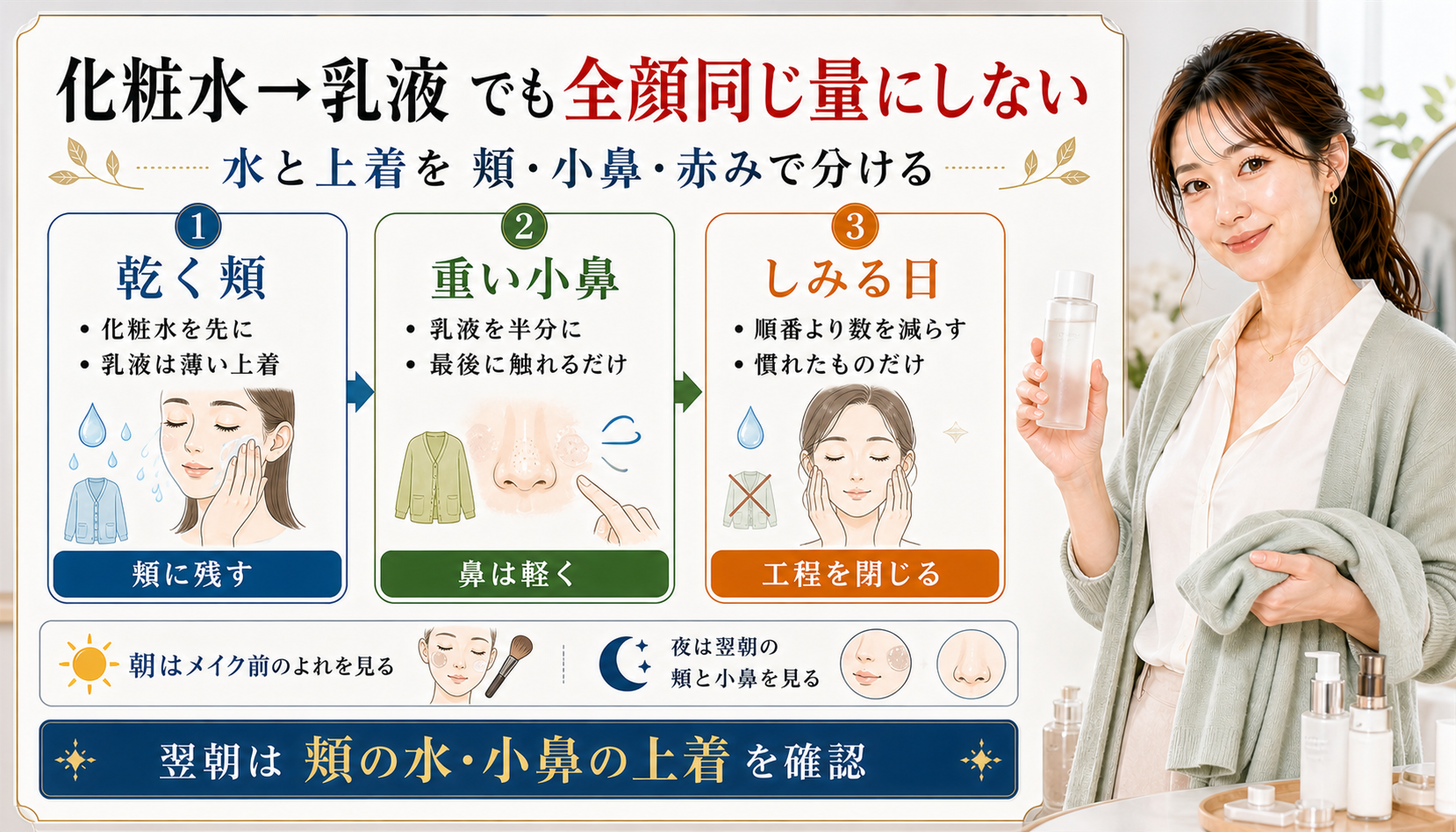 セラミド化粧水と乳液を乾く頬、重い小鼻、しみる日で分けるアイキャッチ