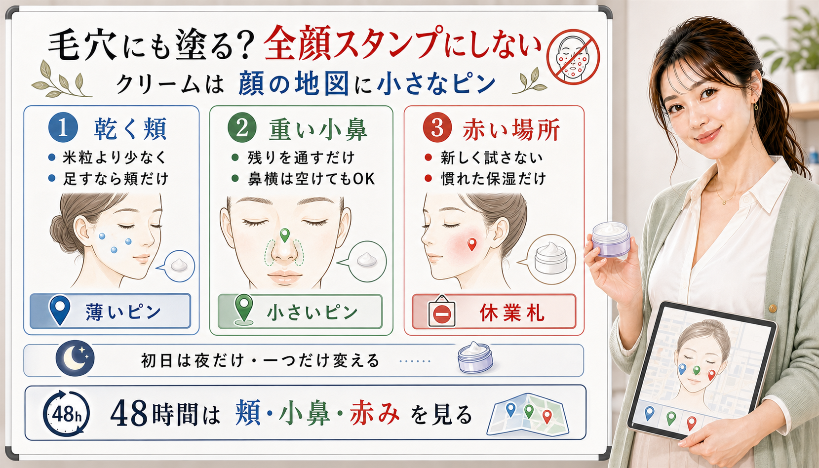 ナイアシンアミド×セラミドクリームを乾く頬、重い小鼻、赤い場所で分けるアイキャッチ
