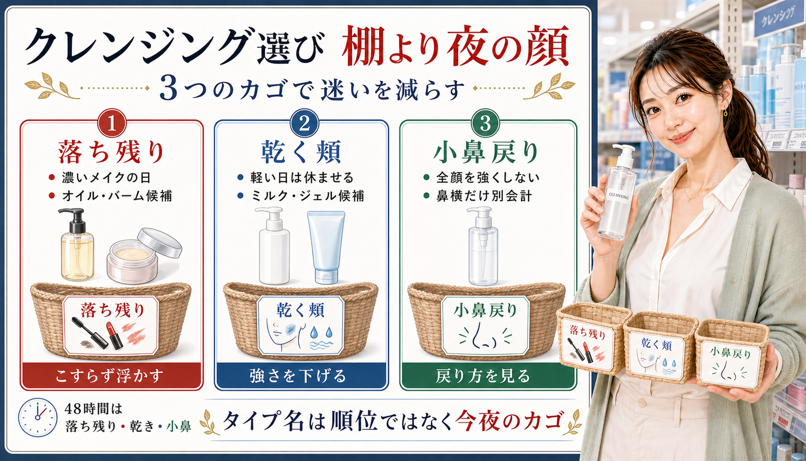 ドラッグストアのクレンジングを落ち残り、乾く頬、小鼻戻りで選ぶアイキャッチ