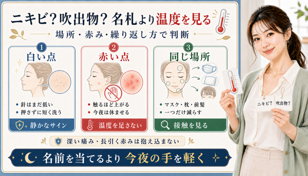 ニキビと吹出物を白い点、赤い点、同じ場所で見分けるアイキャッチ