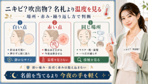 ニキビと吹出物を白い点、赤い点、同じ場所で見分けるアイキャッチ