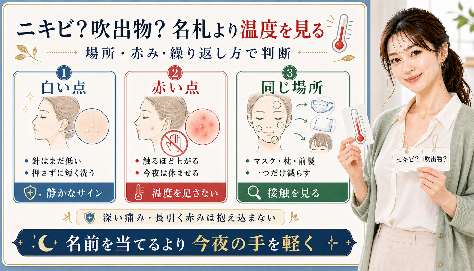 ニキビと吹出物を白い点、赤い点、同じ場所で見分けるアイキャッチ