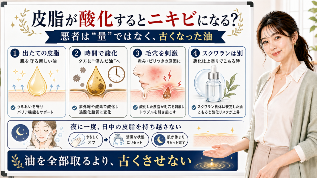 皮脂の酸化によるニキビ不安は皮脂の量ではなく古くなった油が毛穴を刺激するため夜に持ち越さないことが大切と整理したアイキャッチ