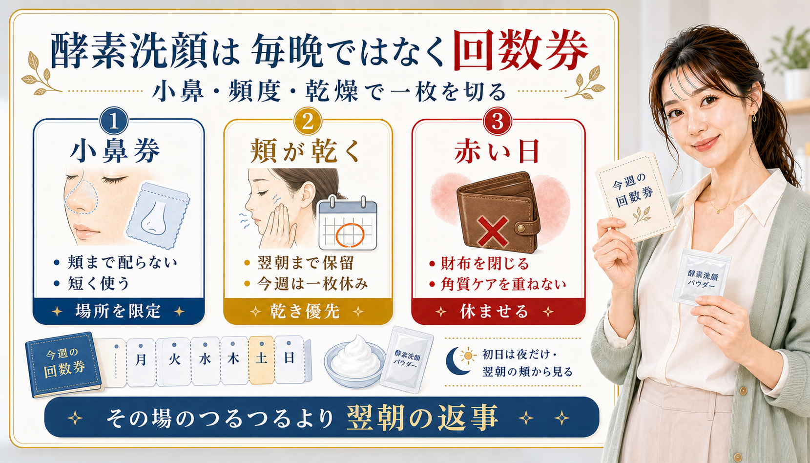 酵素洗顔を小鼻券、頬が乾く日、赤い日で使い分けるアイキャッチ