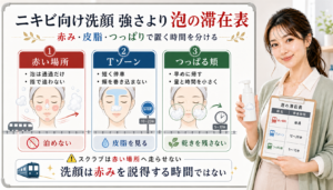 ニキビ向け洗顔を赤い場所、Tゾーン、つっぱる頬で分けるアイキャッチ