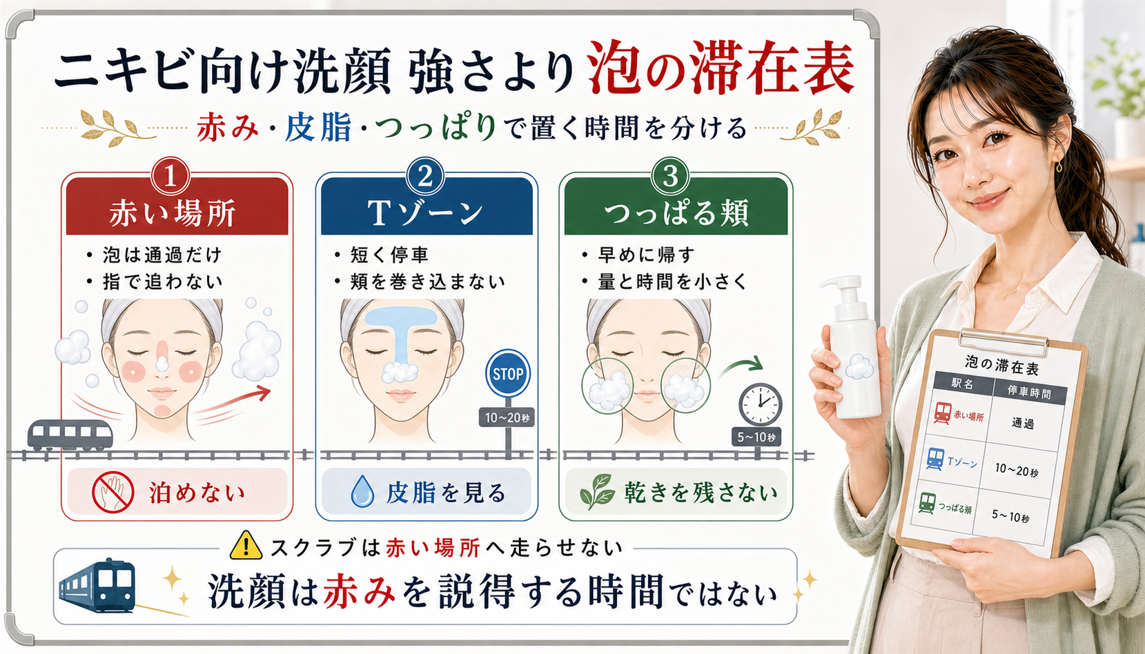 ニキビ向け洗顔を赤い場所、Tゾーン、つっぱる頬で分けるアイキャッチ