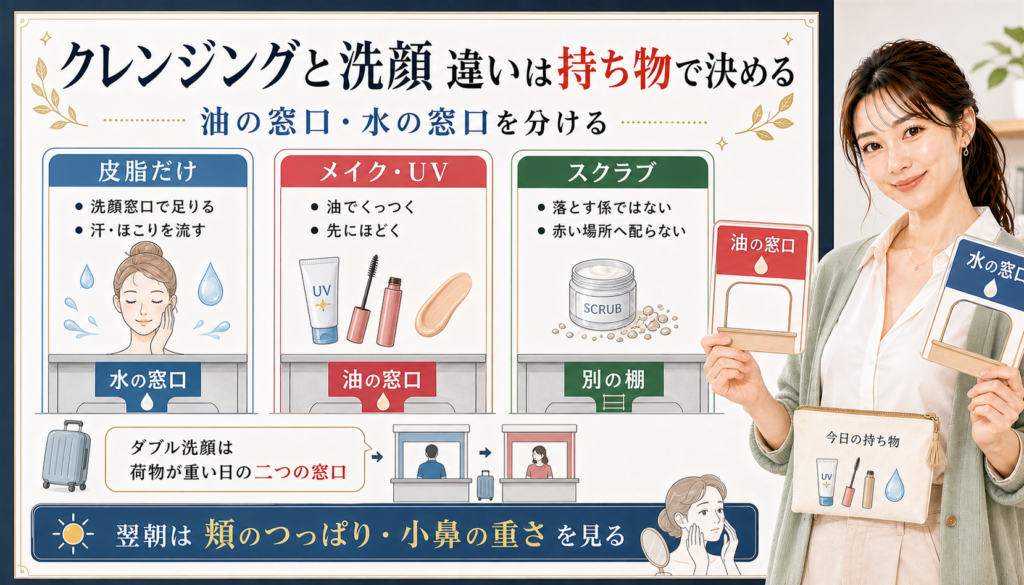 クレンジングと洗顔を皮脂だけ、メイクUV、スクラブで分けるアイキャッチ