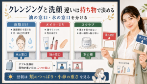 クレンジングと洗顔を皮脂だけ、メイクUV、スクラブで分けるアイキャッチ