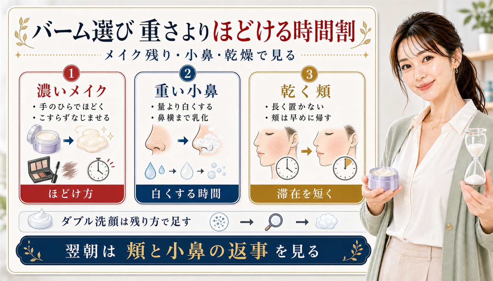 クレンジングバームを濃いメイク、重い小鼻、乾く頬で選ぶアイキャッチ