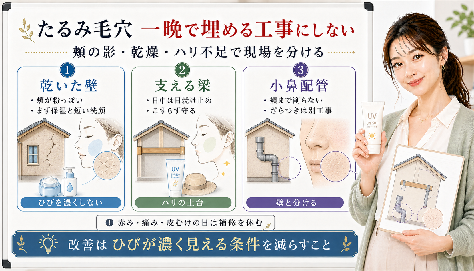 たるみ毛穴を乾いた壁、支える梁、小鼻配管で分けて見るアイキャッチ