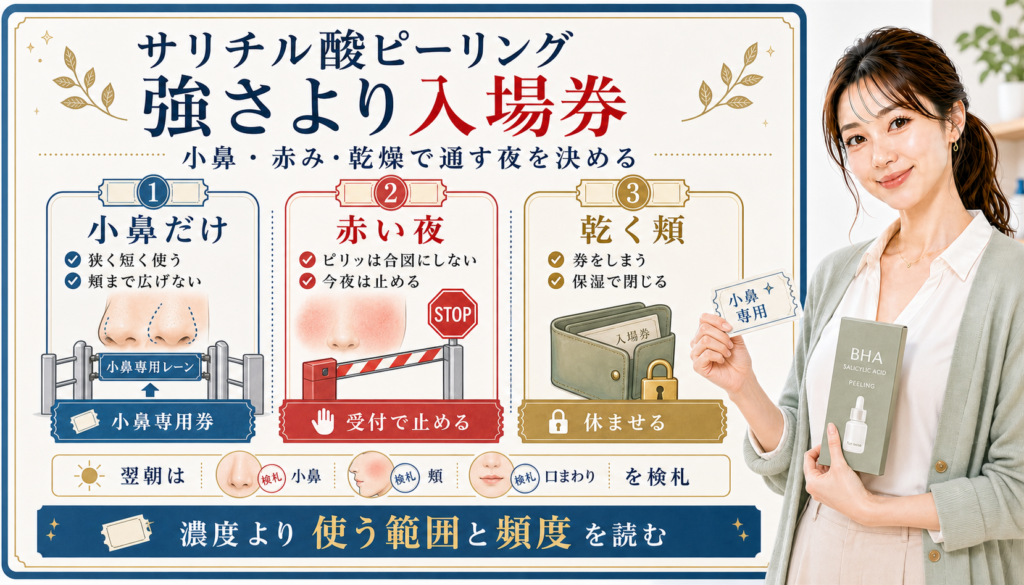 市販サリチル酸ピーリングを小鼻だけ、赤い夜、乾く頬で分けるアイキャッチ