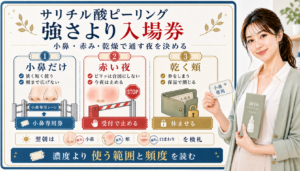 市販サリチル酸ピーリングを小鼻だけ、赤い夜、乾く頬で分けるアイキャッチ