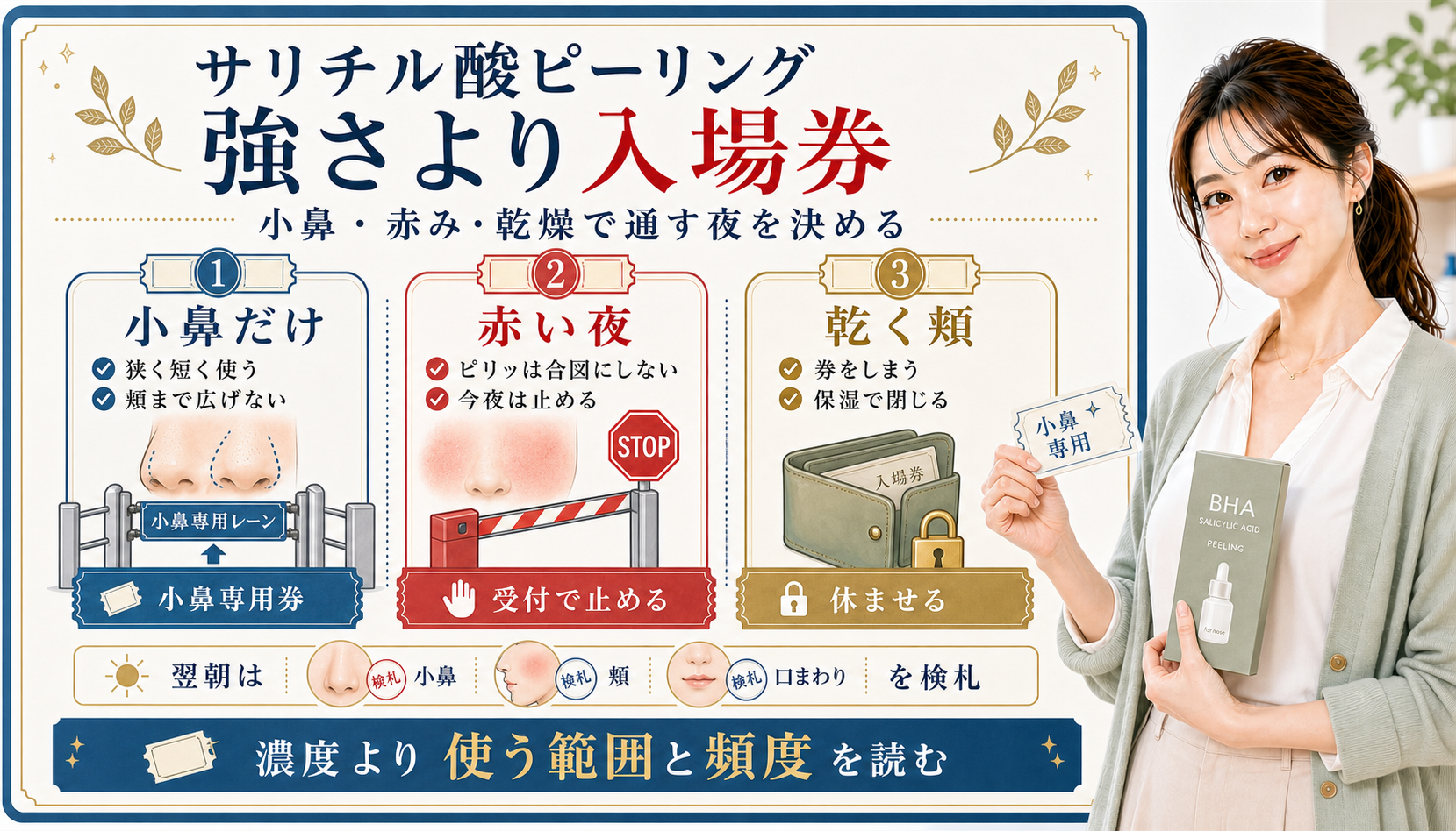 市販サリチル酸ピーリングを小鼻だけ、赤い夜、乾く頬で分けるアイキャッチ