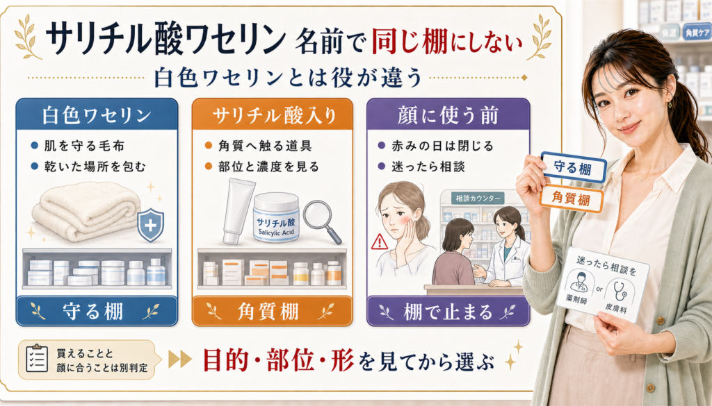 サリチル酸ワセリンと白色ワセリンを守る棚、角質棚、顔に使う前で分けるアイキャッチ