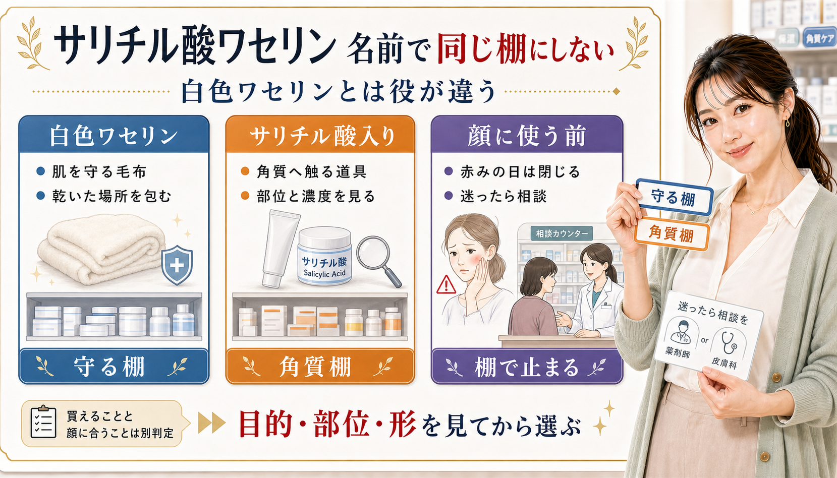 サリチル酸ワセリンと白色ワセリンを守る棚、角質棚、顔に使う前で分けるアイキャッチ