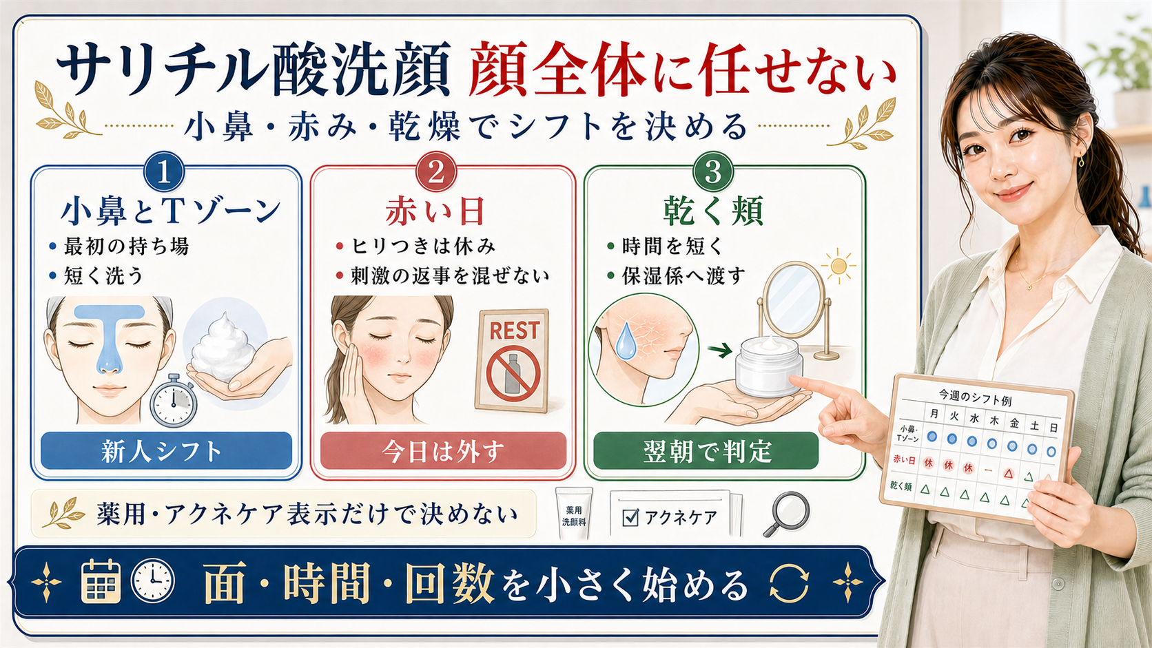 サリチル酸洗顔料を小鼻とTゾーン、赤い日、乾く頬で選ぶアイキャッチ