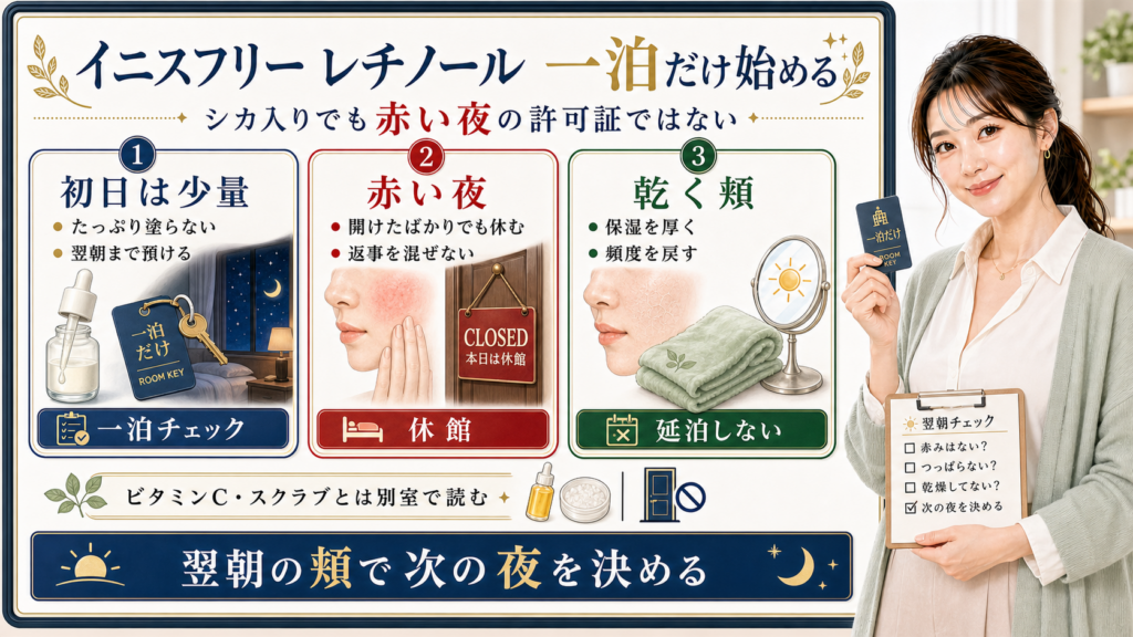 イニスフリーのレチノールを初日は少量、赤い夜、乾く頬で判断するアイキャッチ