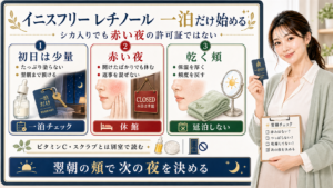 イニスフリーのレチノールを初日は少量、赤い夜、乾く頬で判断するアイキャッチ