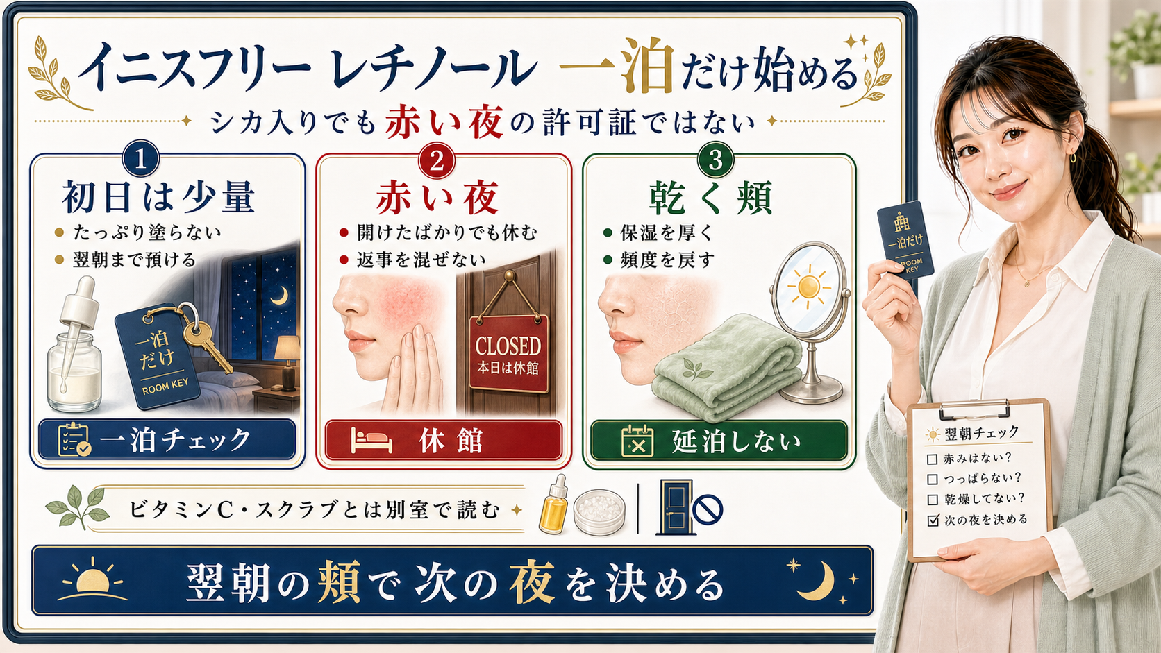 イニスフリーのレチノールを初日は少量、赤い夜、乾く頬で判断するアイキャッチ
