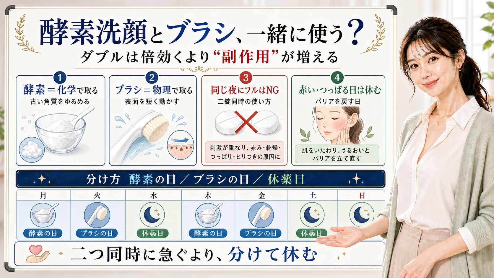 酵素洗顔とブラシはどちらも取るケアなので同じ夜に重ねず酵素の日ブラシの日休薬日に分けると整理したアイキャッチ