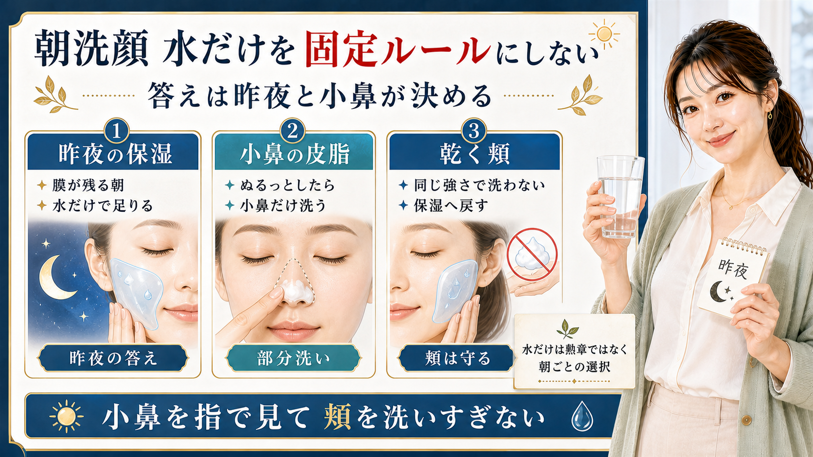 朝洗顔を昨夜の保湿、小鼻の皮脂、乾く頬で判断するアイキャッチ