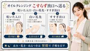 オイルクレンジングを乾いた入口、白い乳化、すすぎ出口で使うアイキャッチ