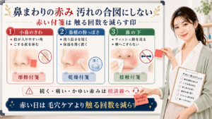 鼻まわりの赤みを小鼻のきわ、鼻横の粉っぽさ、鼻の下で分けるアイキャッチ