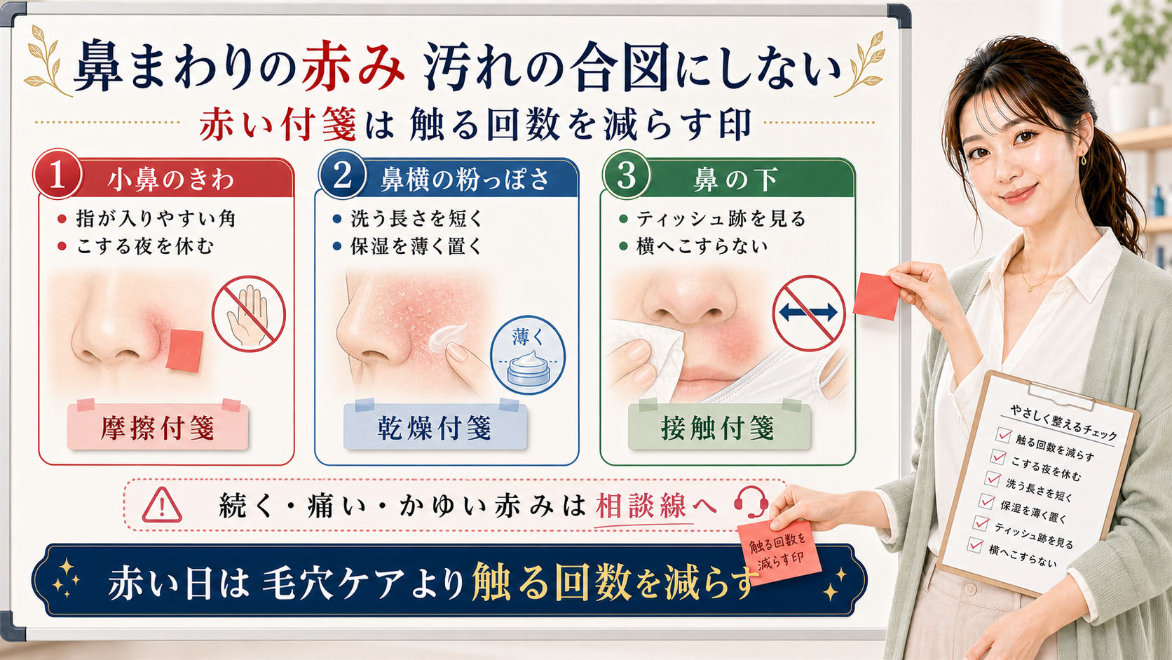 鼻まわりの赤みを小鼻のきわ、鼻横の粉っぽさ、鼻の下で分けるアイキャッチ