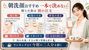 朝洗顔おすすめを乾く頬、皮脂の小鼻、昨夜の重さで選ぶアイキャッチ