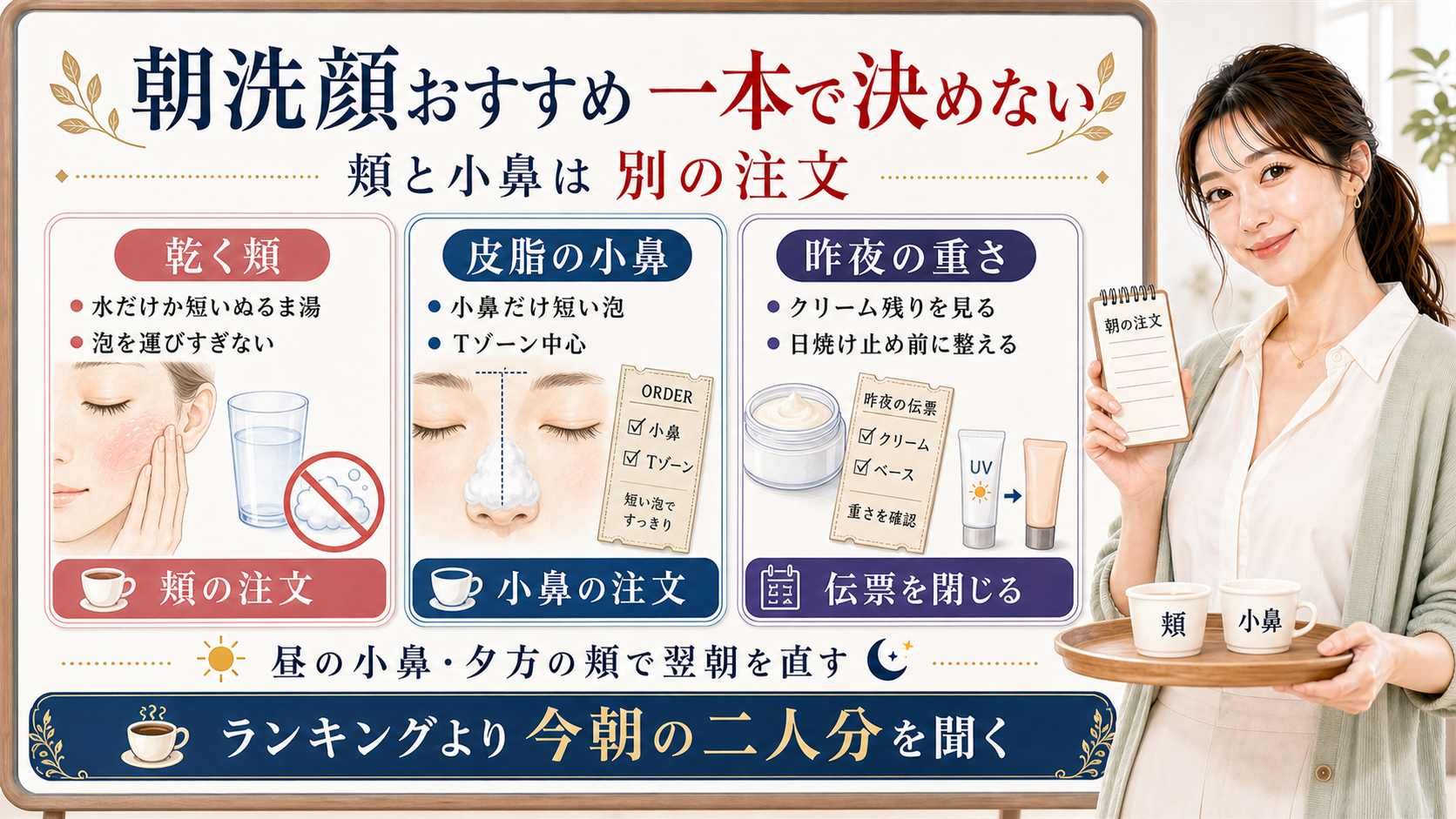 朝洗顔おすすめを乾く頬、皮脂の小鼻、昨夜の重さで選ぶアイキャッチ