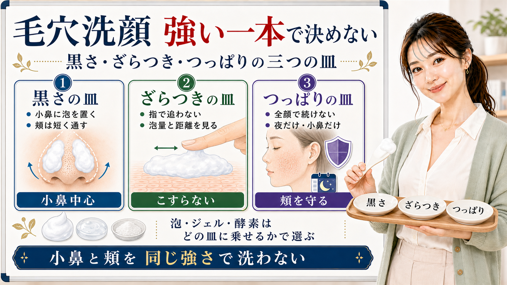 毛穴向け洗顔を黒さ、ざらつき、つっぱりの三つの皿で選ぶアイキャッチ