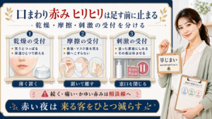 口まわりの赤みとヒリヒリを乾燥、摩擦、刺激の受付で分けるアイキャッチ
